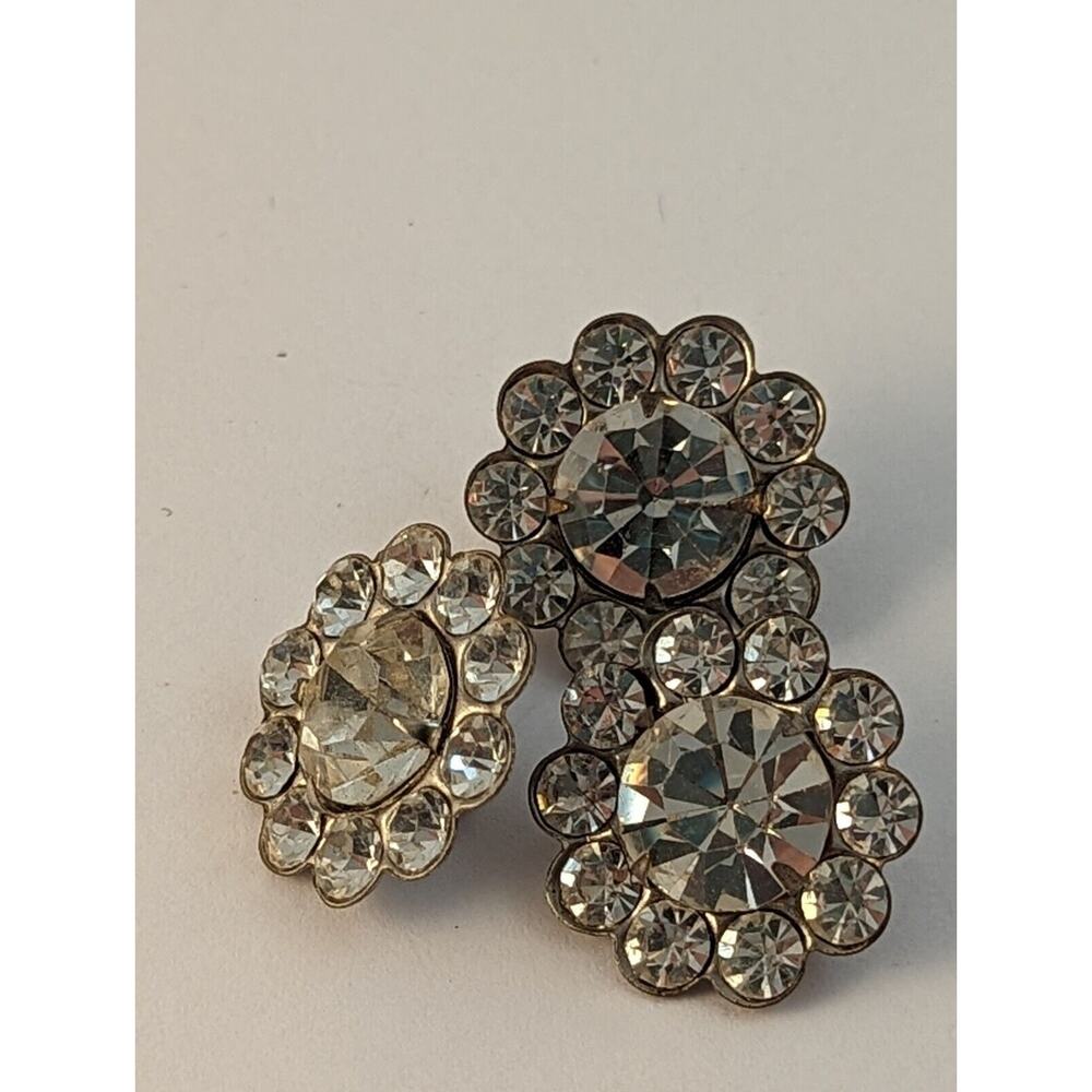 3 Vtge Rhinestone Buttons 7/8" Curved Shanks Clear On Silver Color - Picture 7 of 8